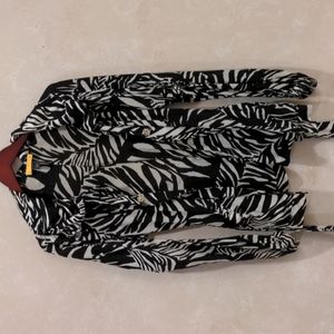 SoCa St. John belted cardigan jacket with button closures, black & white, Petite